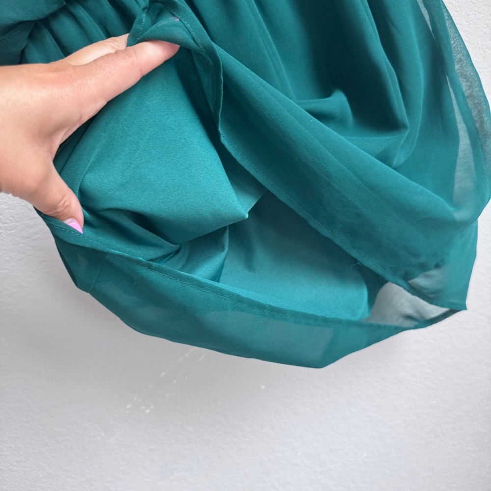 Lush Hunter Green Chiffon Mini Dress V Neck Flowy Cocktail Wedding Guest M - Picture 6 of 6